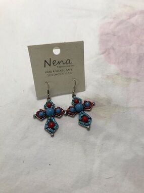 Nena Blue and Red Silver Tone Beaded Big Cross Dangle Statement Earrings
